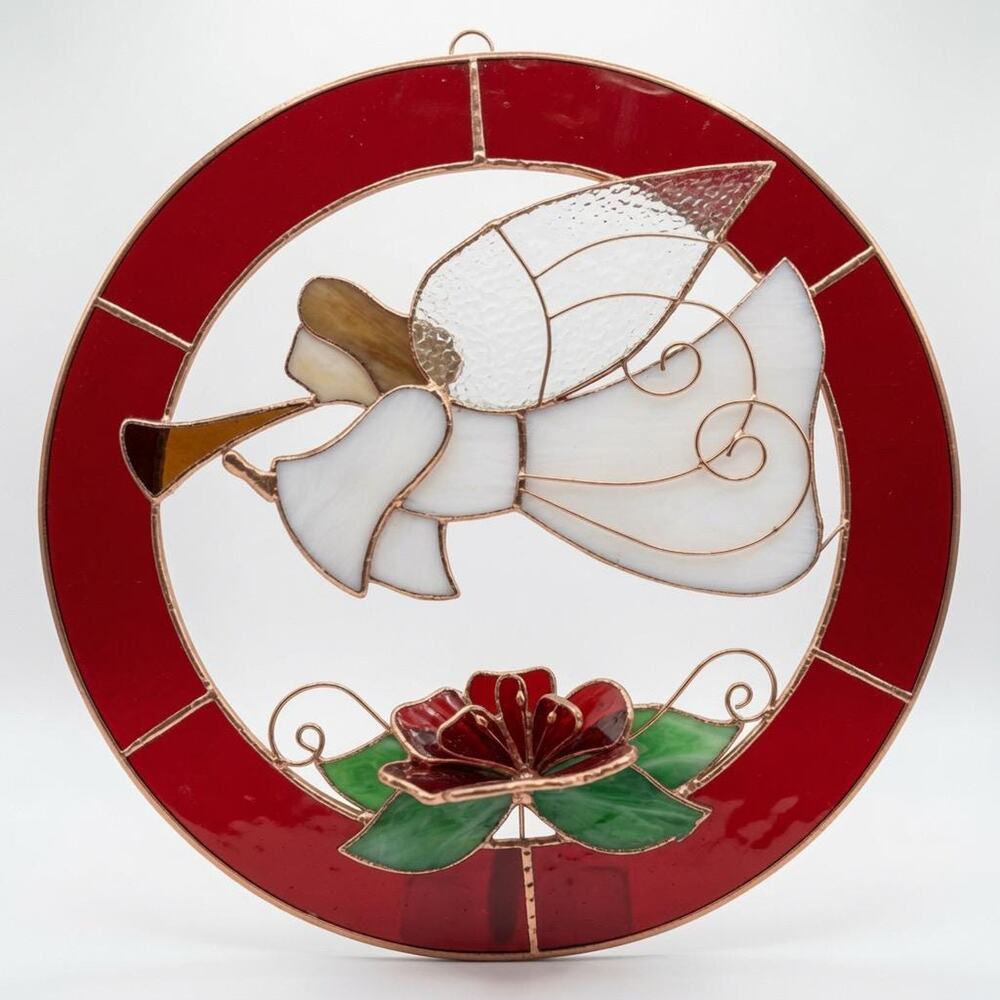 Handmade Stained Glass Angel Suncatcher, Christmas Trumpet Poinsettia Design